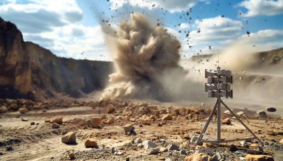 Sirene eletrônica Pavian Portable utilizada em sistema local de alerta para mineração durante detonação em mina a céu aberto.