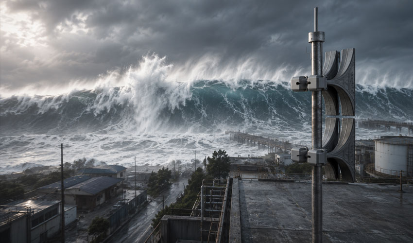 Sistema Pavian de alerta de tsunami e evacuação de emergência Sirene eletrônica Pavian alertando sobre tsunami em área costeira