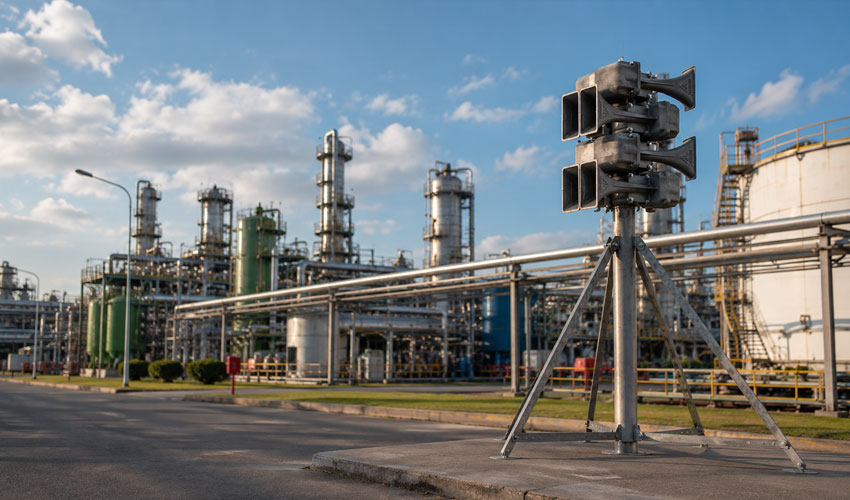 Sistema de alerta industrial para vazamento de gás tóxico Sirene eletrônica alertando sobre vazamento de gás tóxico em área industrial